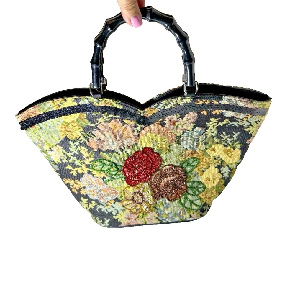 Prezzo Floral Tapestry Embroidered Sequin Beaded Handbag Boho Vintage EUC